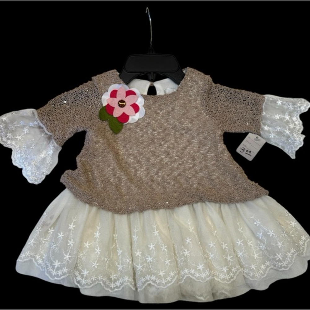 Rare Editions Girls' Dress Tan‎ Knit bodice over ivory lace tutu skirt sz 3T EUC